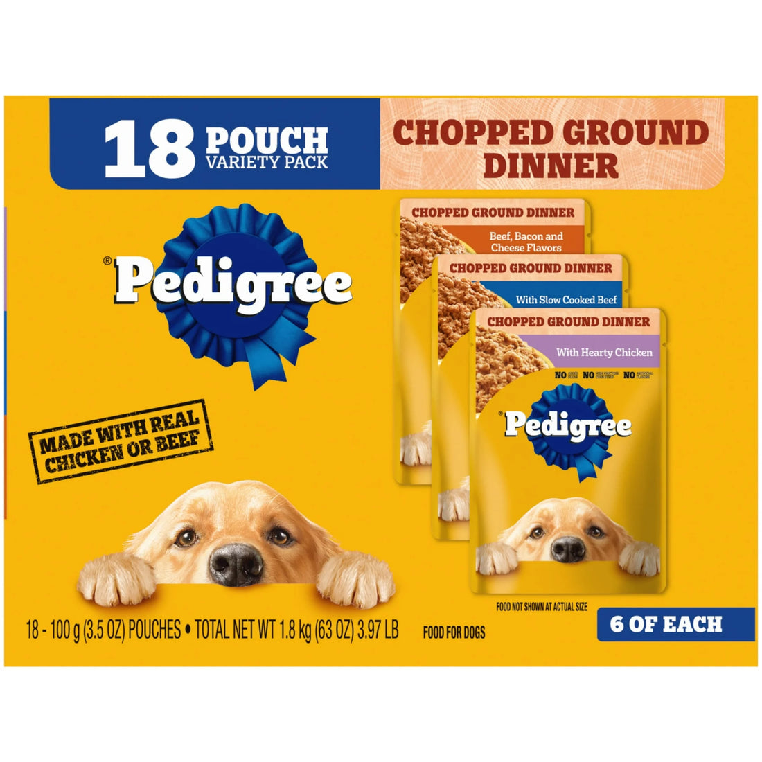 Pedigree Chopped Ground Dinner Adult Wet Dog Food Cheese Variety Pack, 3.5 Oz. Pouches (18 Pack)